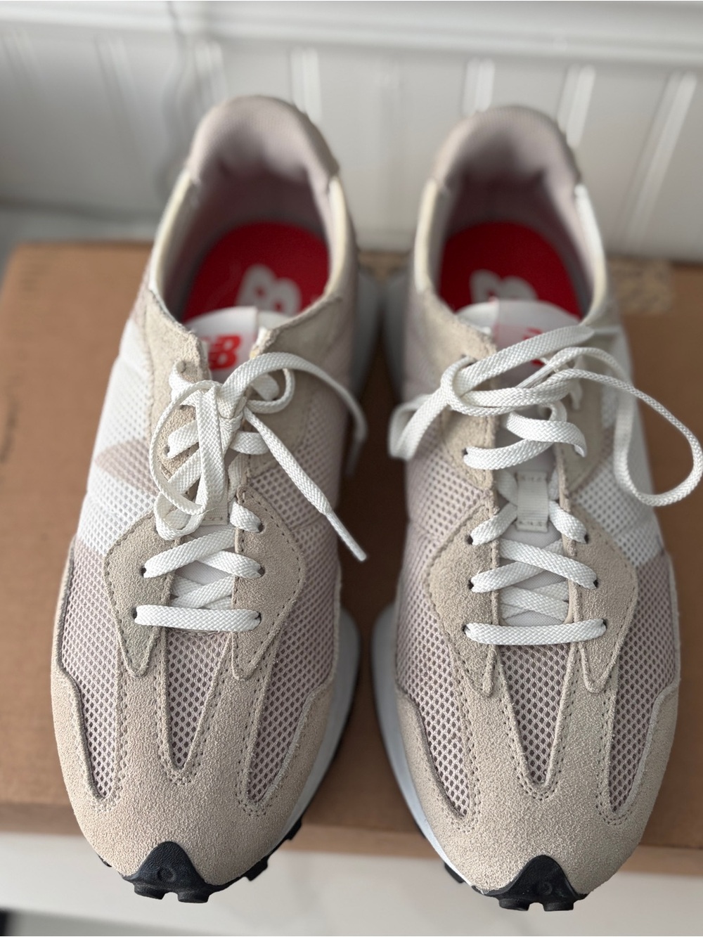 New Balance Beige & White Mesh Suede Runner Sneakers
